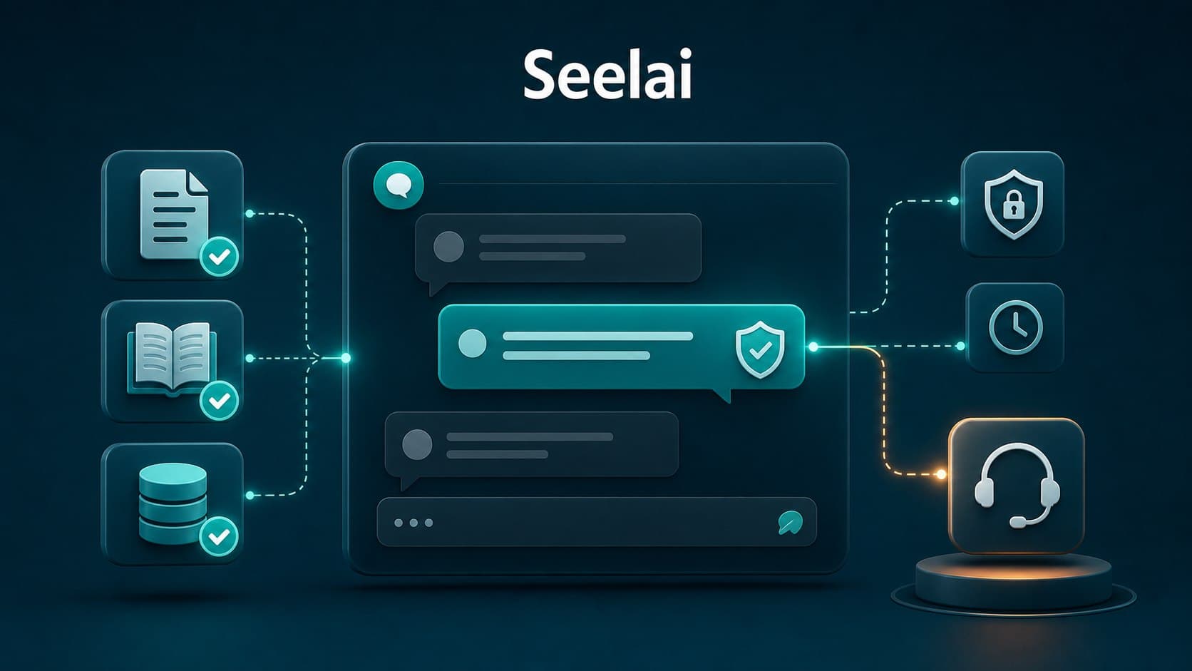 Plataforma Seelai conectando un agente de IA con fuentes verificadas, permisos y escalamiento a un asesor humano