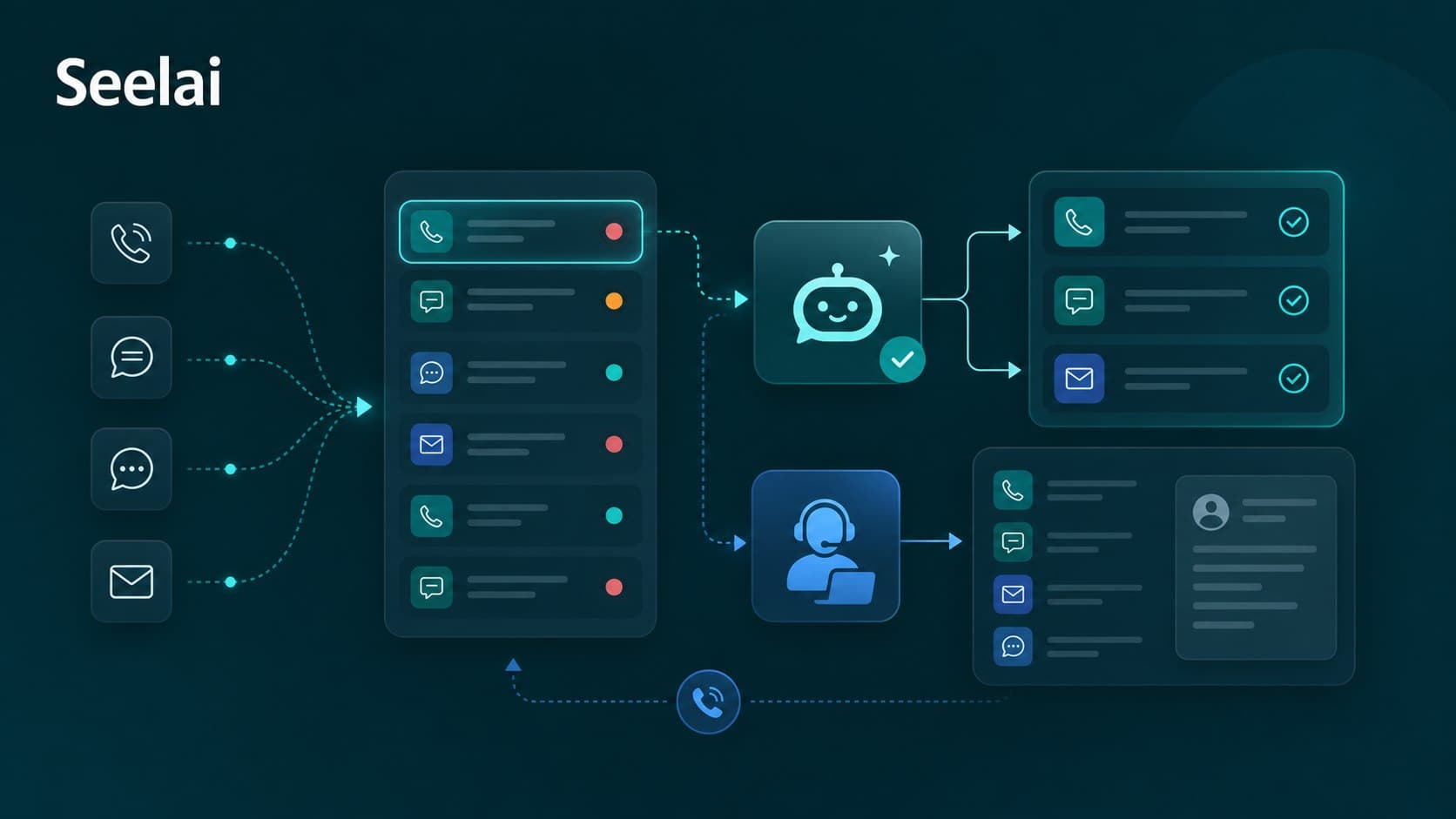Plataforma Seelai gestionando un pico de demanda en Contact Center con colas omnicanal, agentes de IA y escalamiento humano