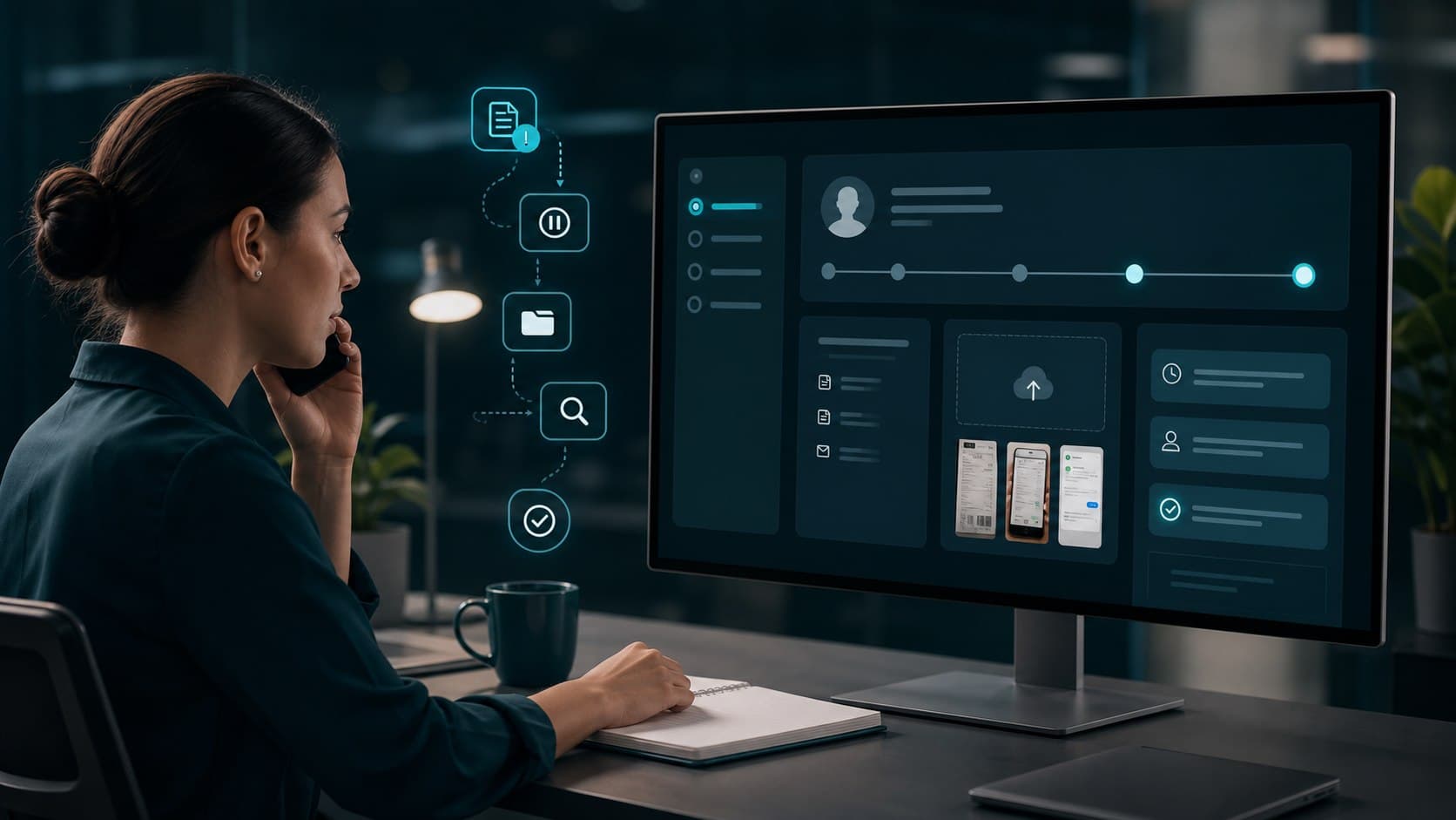 Equipe resolvendo uma disputa com documentos e cronograma centralizados