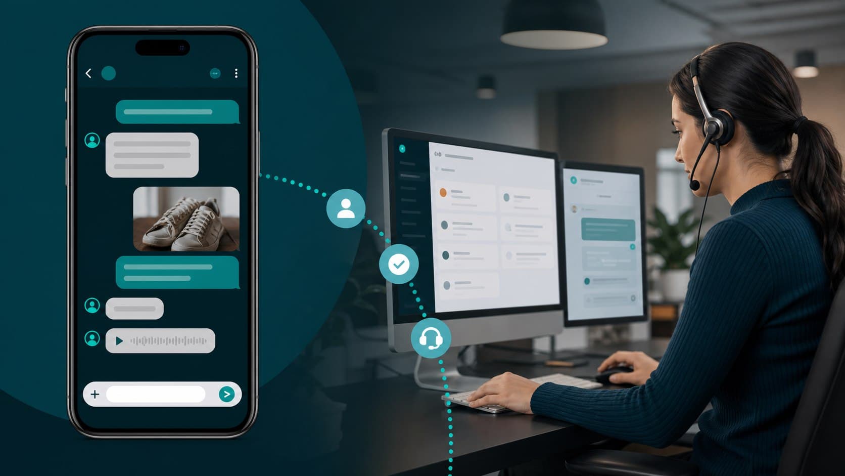 Conversación de servicio por WhatsApp conectada con un equipo de Contact Center