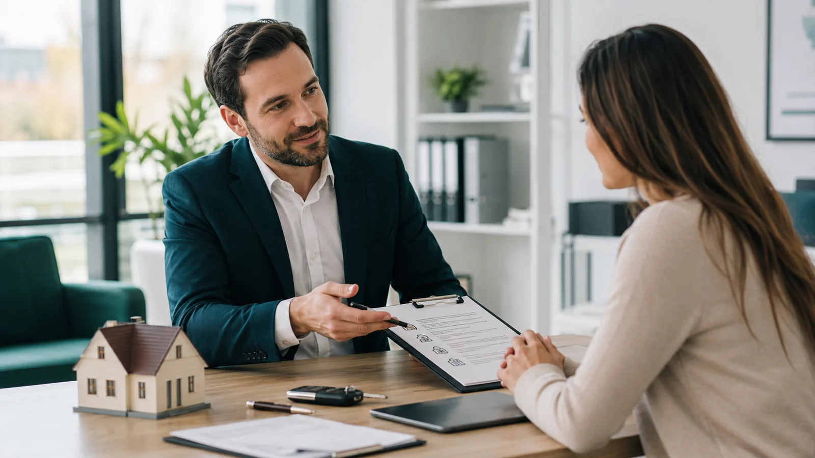 Consultor de seguros revendo documentos com um cliente no escritório