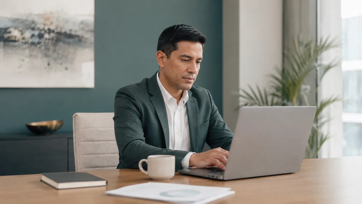 Ejecutivo revisando documentos y procesos internos en laptop