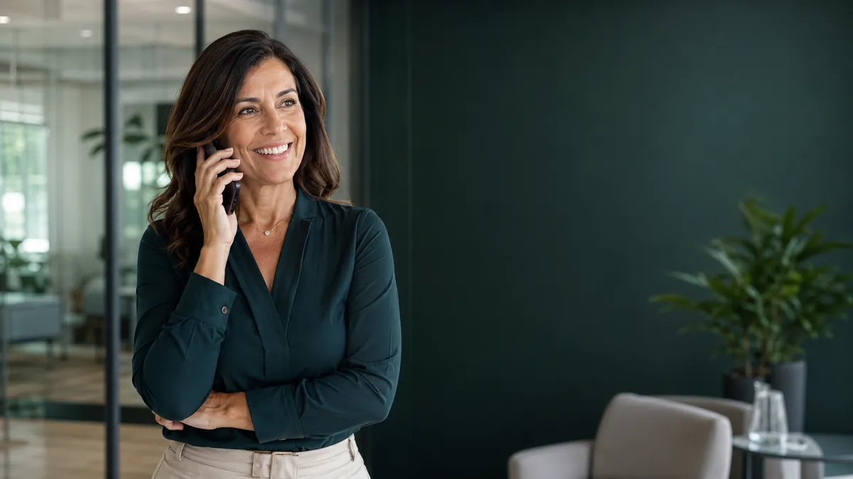 Profesional atendiendo una llamada de cliente desde una oficina moderna