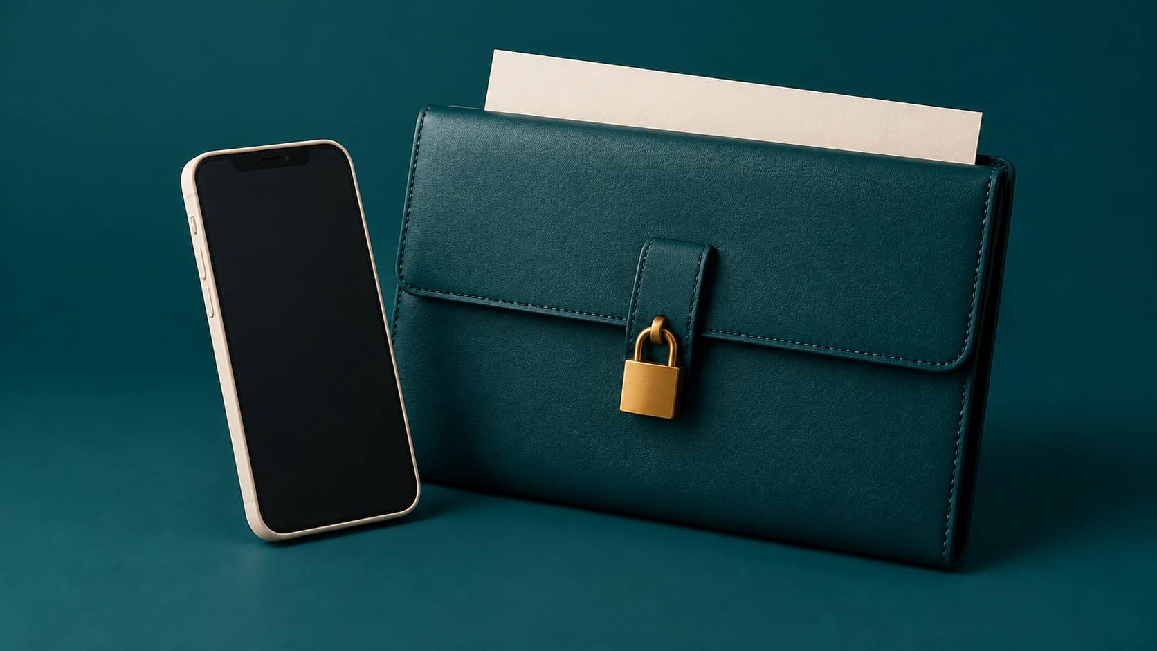 Render de un teléfono junto a un expediente cerrado con candado para ilustrar la entrega segura de certificados