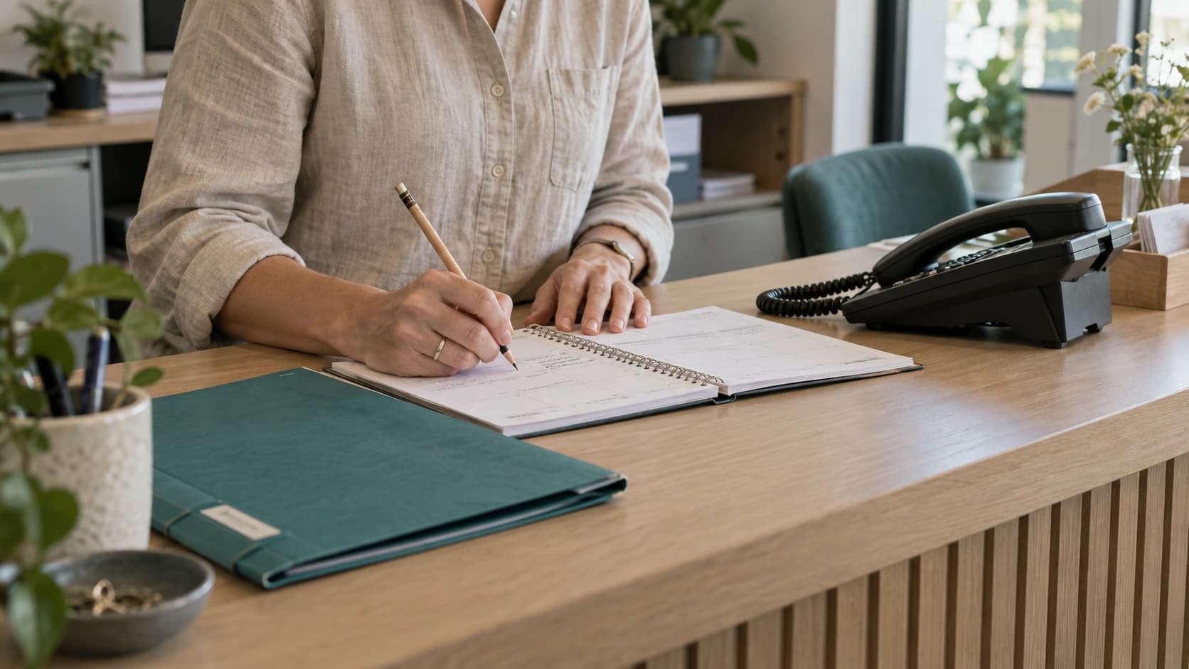 Coordinadora registra una cita en una agenda junto al teléfono y al expediente del cliente