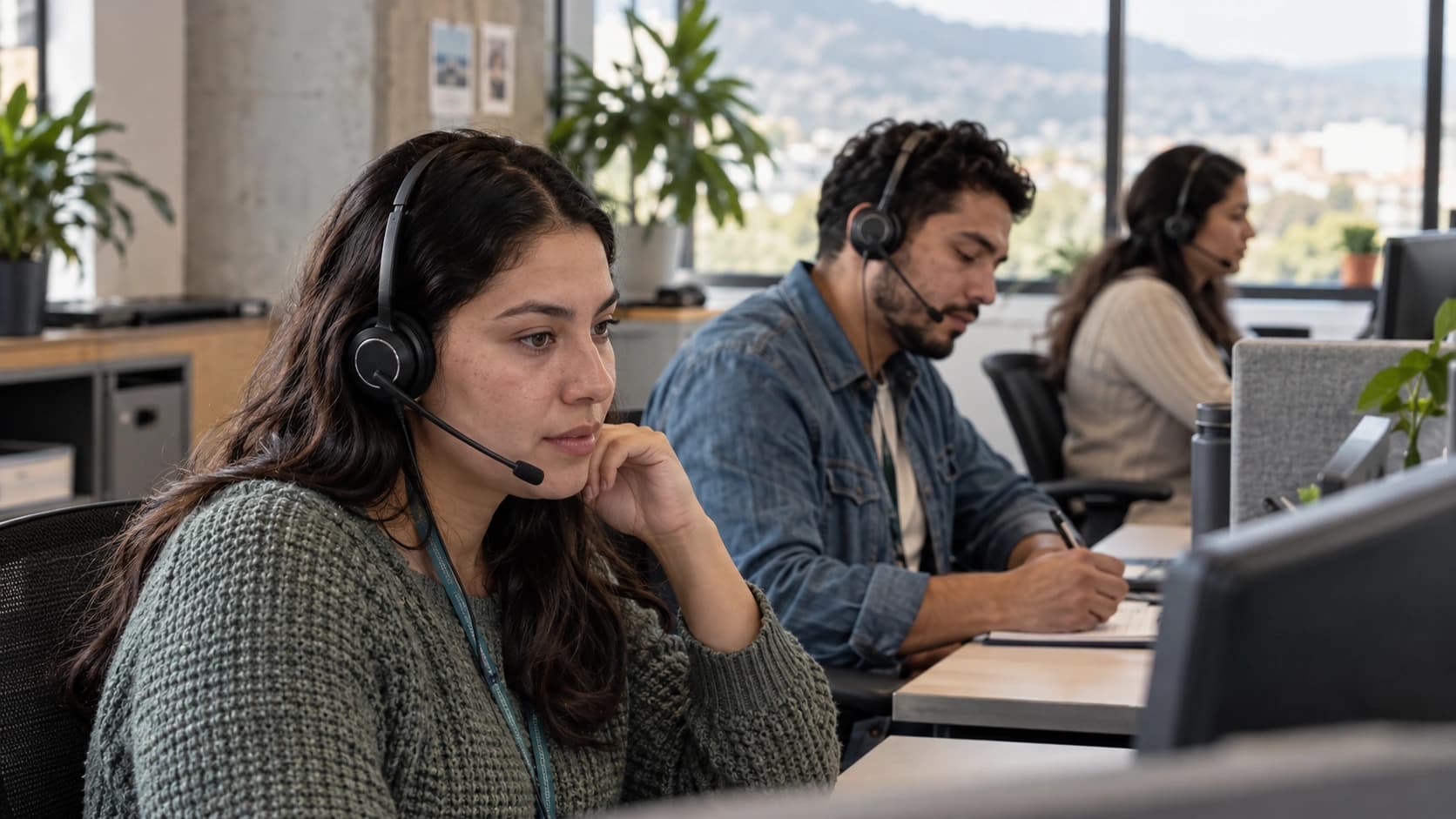 Atendentes de contact center atendem e revisam solicitações em suas estações