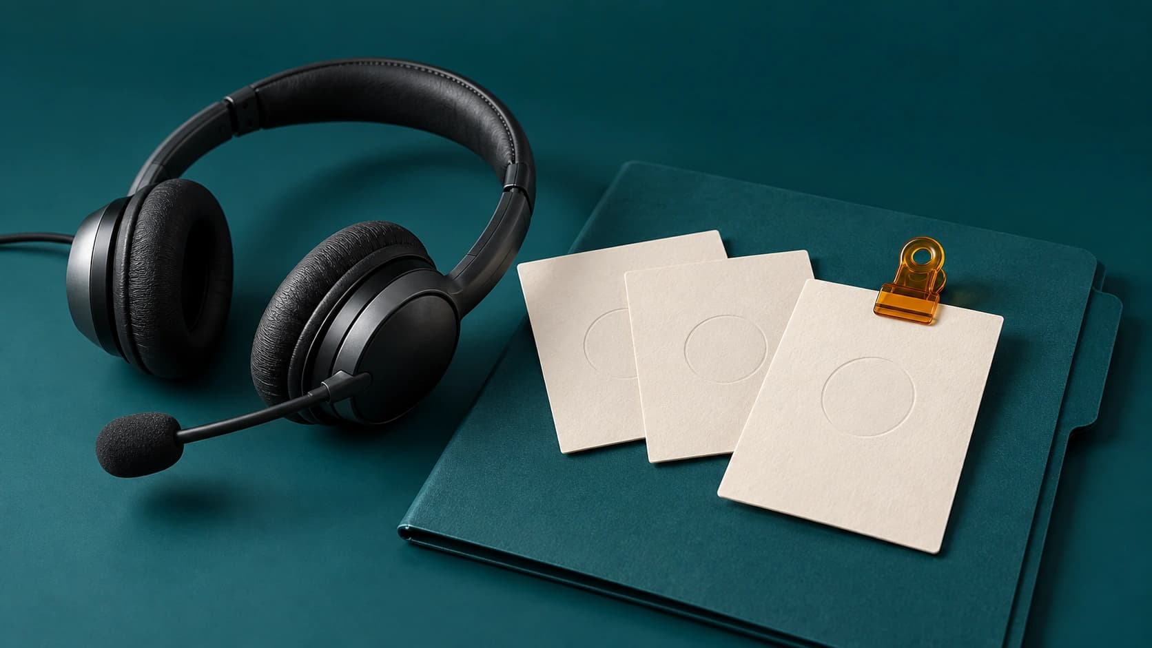 Render de un auricular de llamadas junto a tarjetas de evaluación y una carpeta de seguimiento