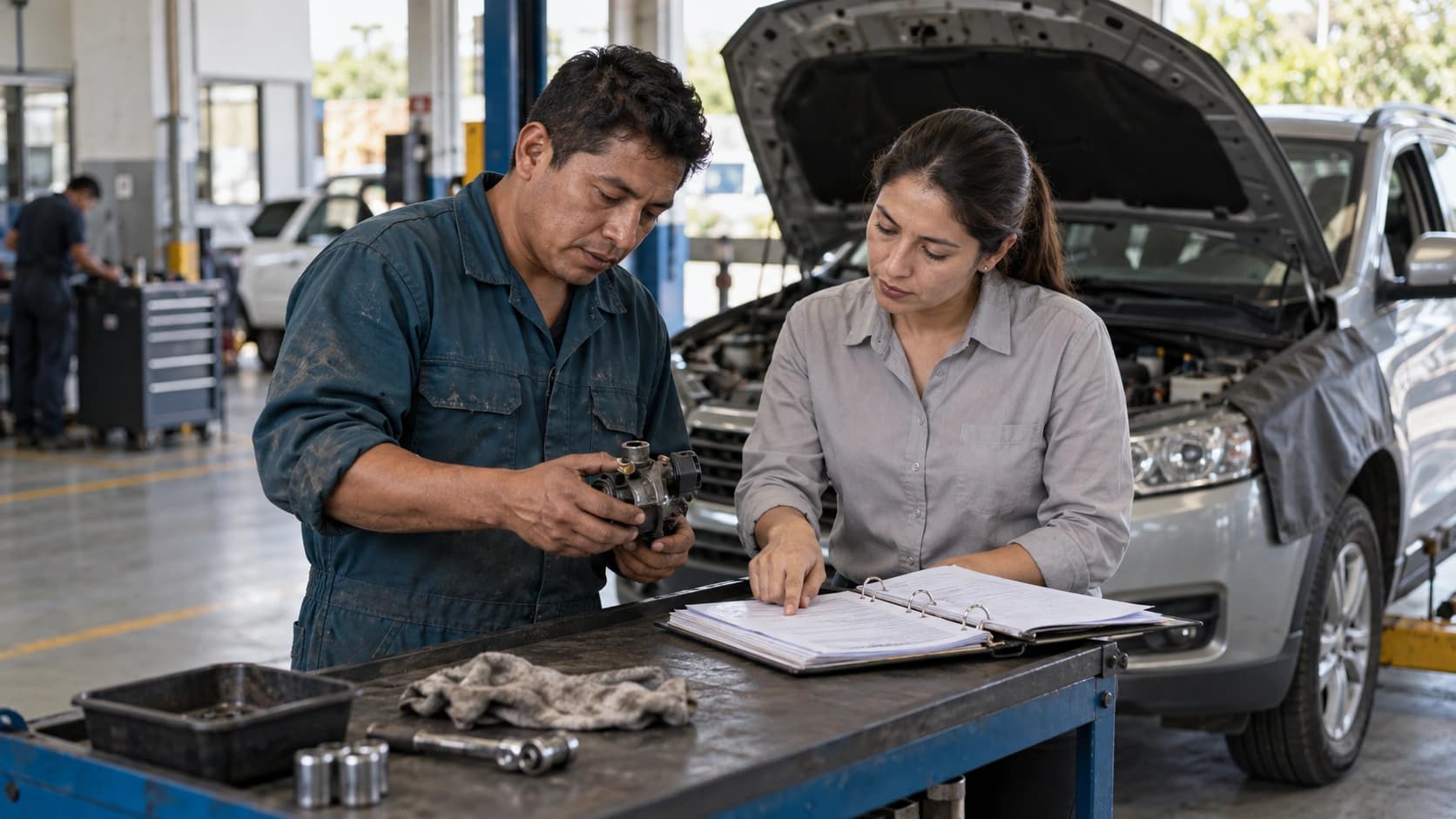 Técnico y asesora de servicio revisan una pieza y su expediente junto a un vehículo en el taller