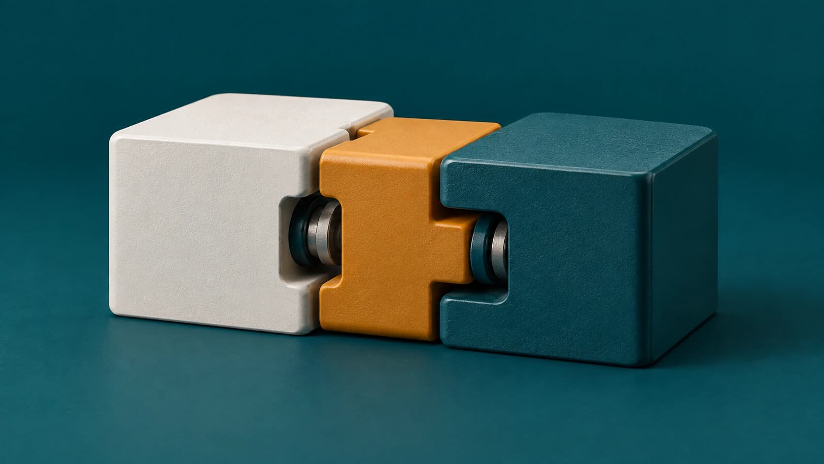 Render de piezas modulares conectadas para ilustrar la integración entre herramientas