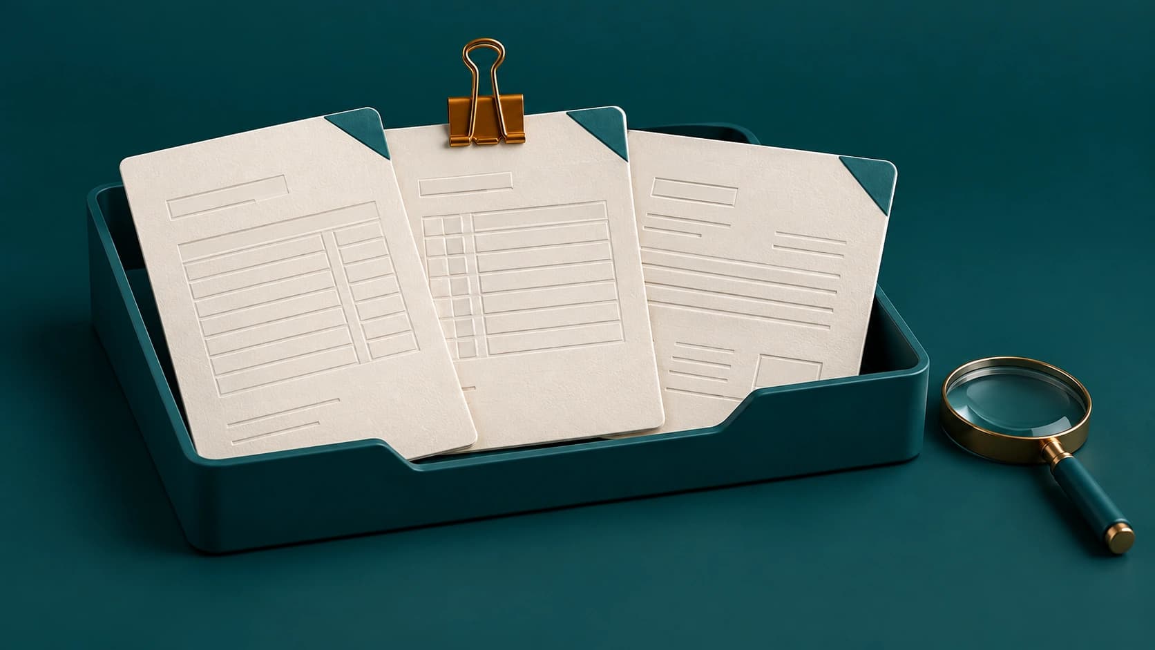 Render de tres documentos de compra con pestañas alineadas para verificar factura, orden y recepción