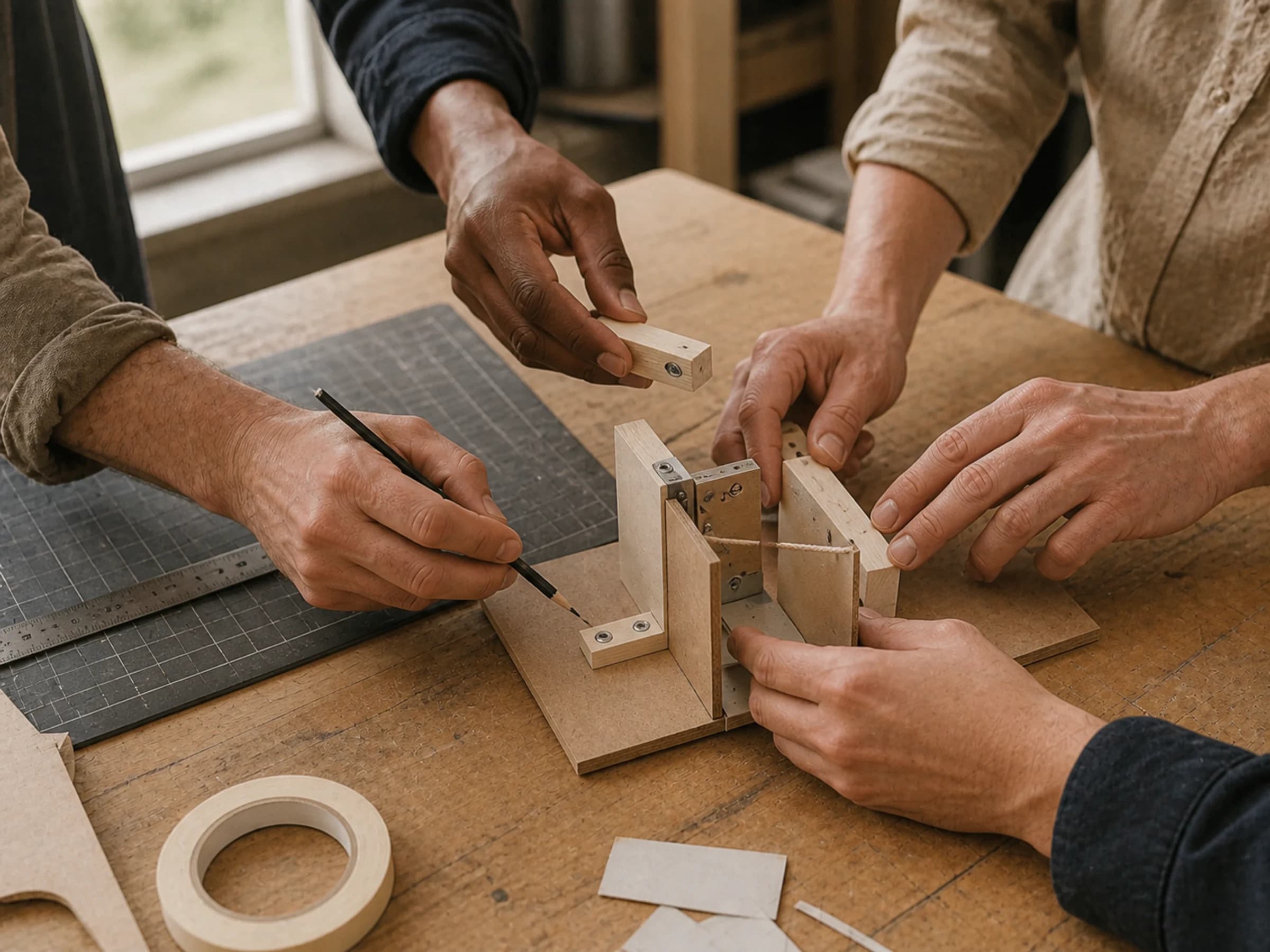Equipe construindo e ajustando colaborativamente um protótipo físico