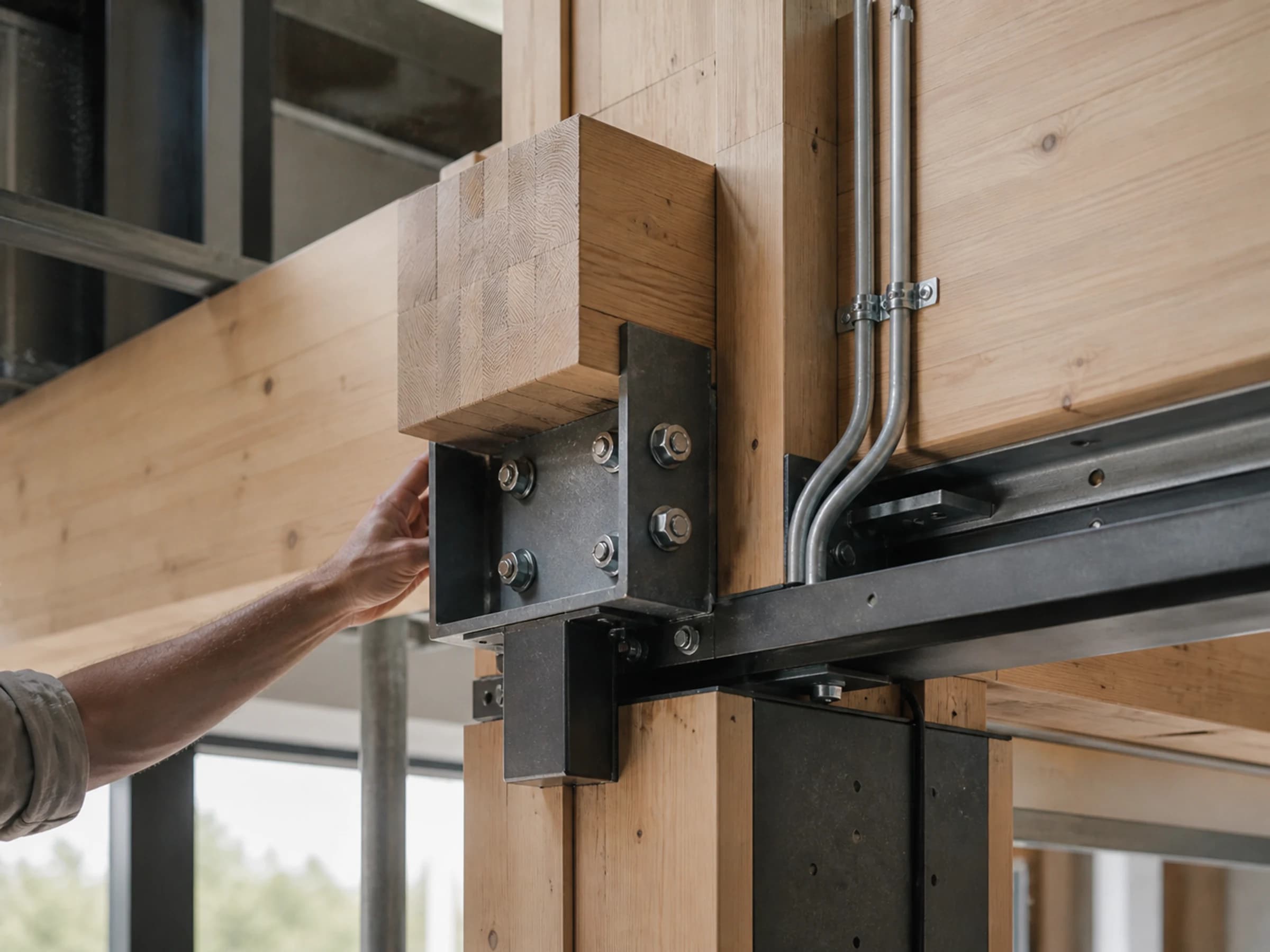 Detalle de una estructura modular de madera y acero conectada con precisión