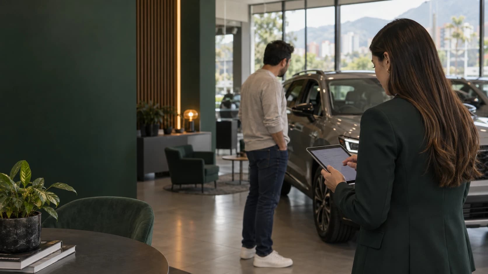 Personal del concesionario revisa el seguimiento de un cliente en una tablet