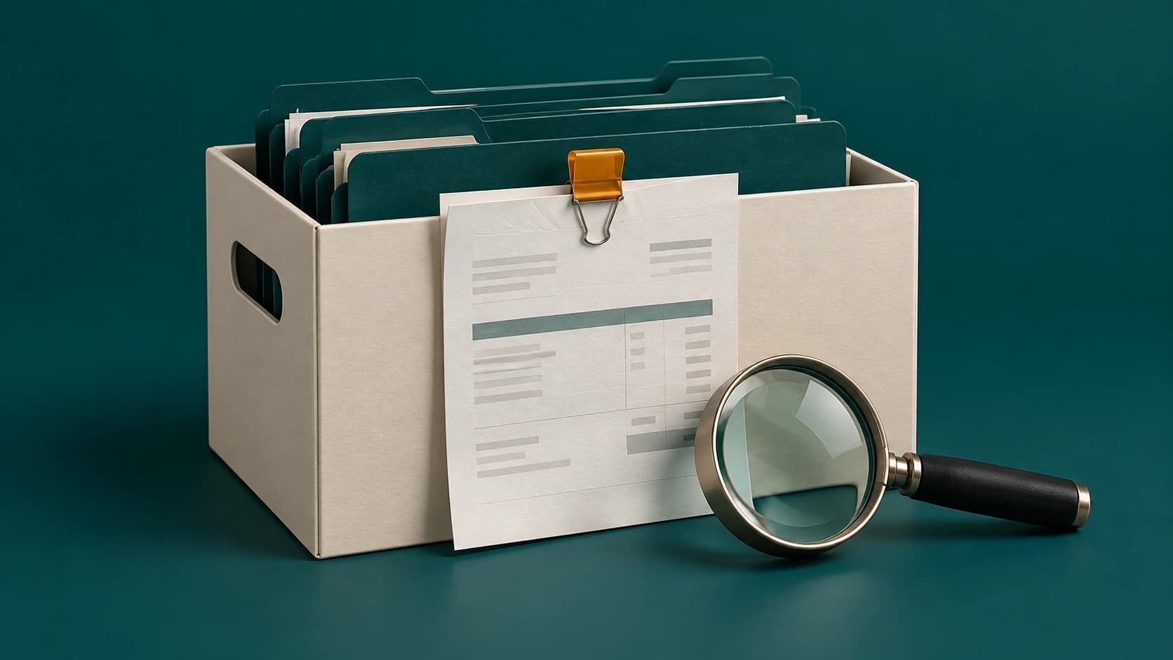 Renderização de um dossiê com documentos e uma lupa para revisar uma disputa