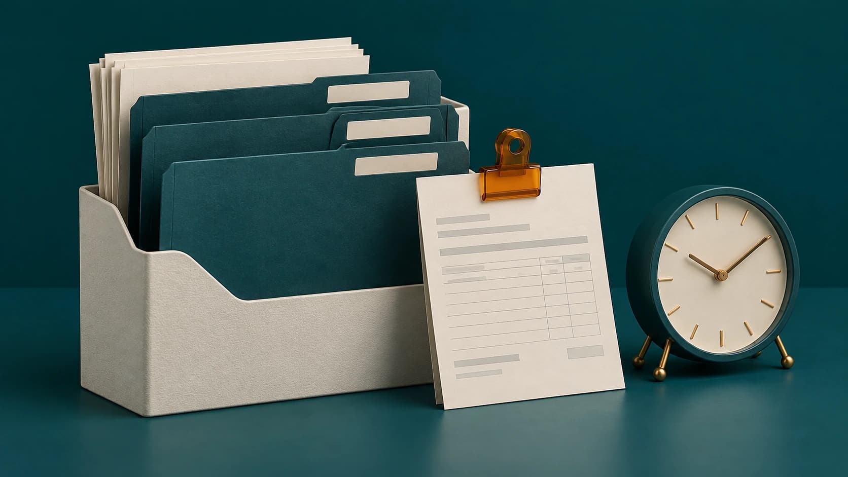 Render de un archivo de cartera con una factura pendiente y un reloj