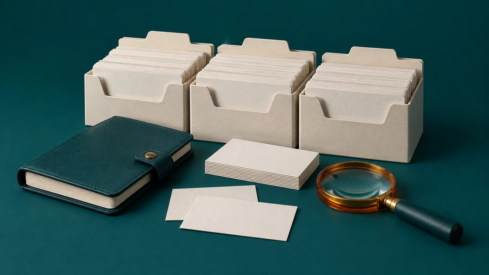 Render de un archivo de contactos y una lupa para preparar prospección