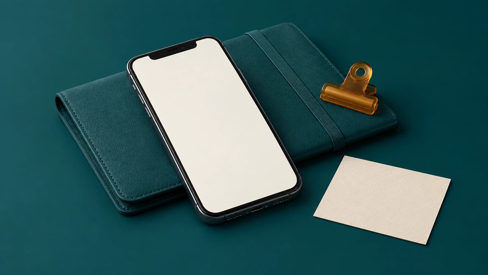 Renderização de um telefone celular ao lado de uma pasta de atendimento