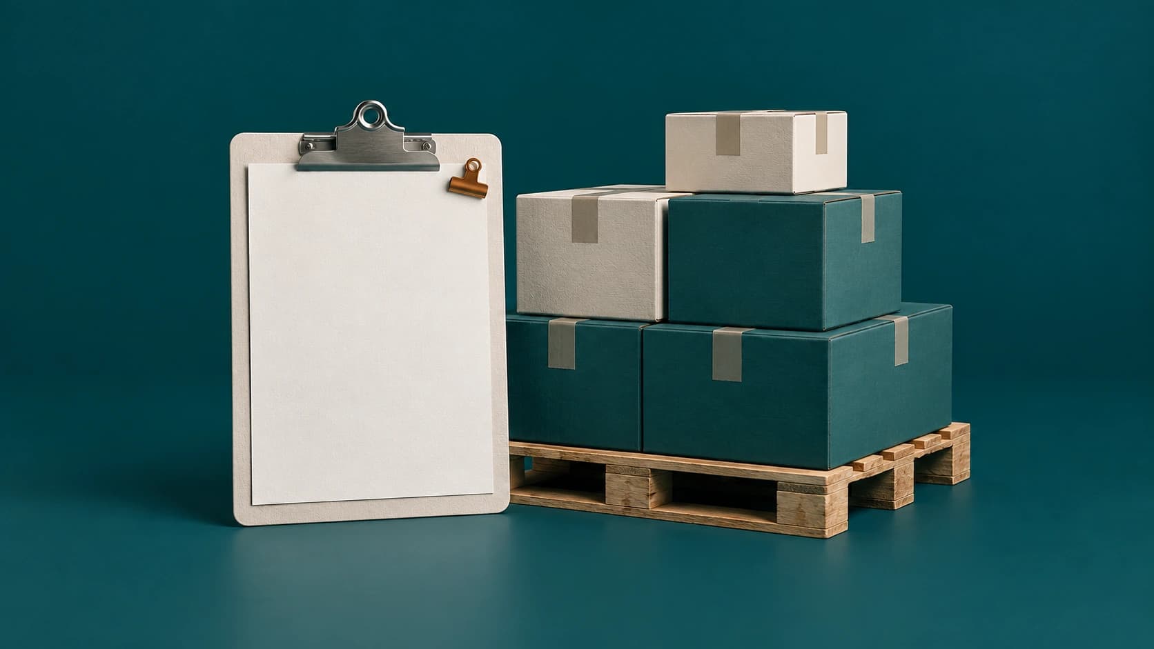 Render de una orden de compra junto a mercancía preparada en un pallet