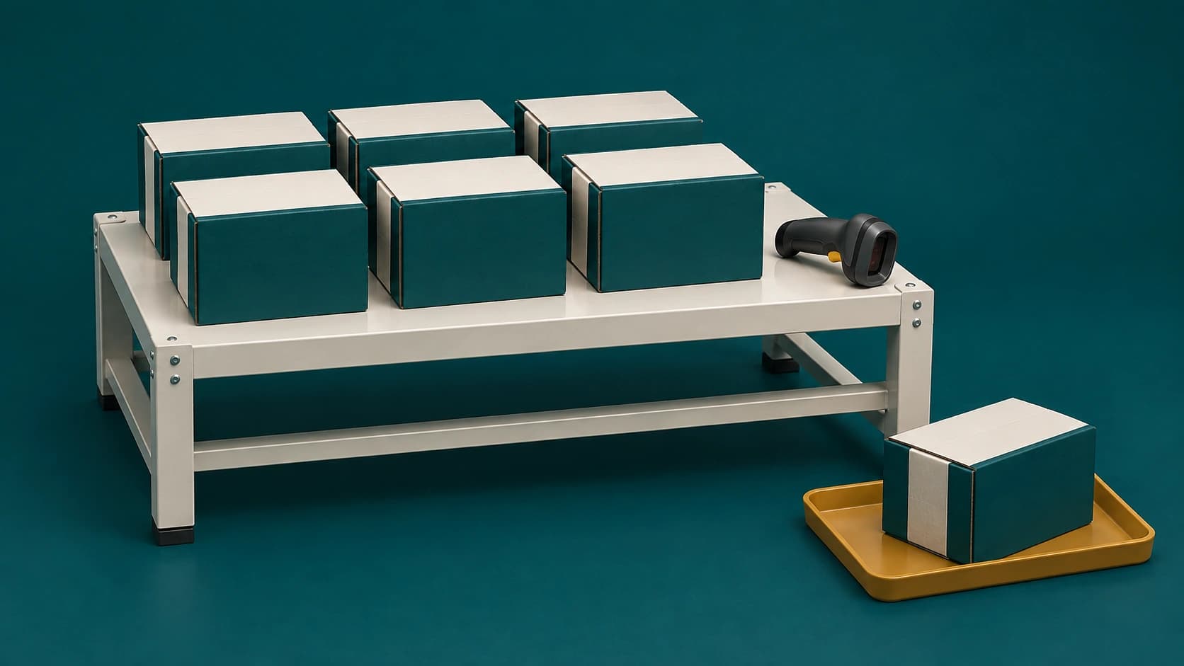 Render de cajas en una mesa de conteo, un lector y una caja separada para revisión