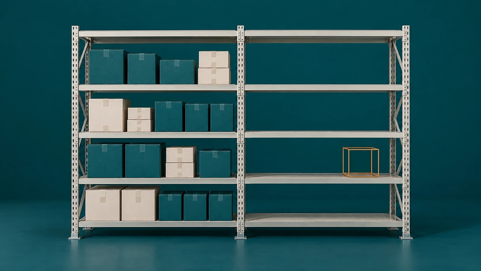 Render de una estantería con exceso de inventario en un lado y faltantes en el otro