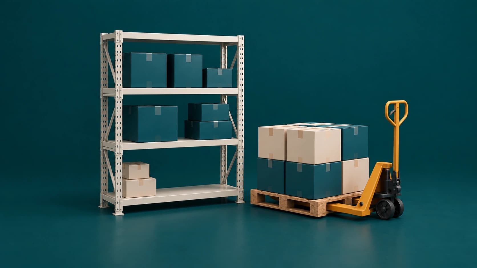 Render de una estantería parcialmente vacía y una transpaleta con mercancía para reposición